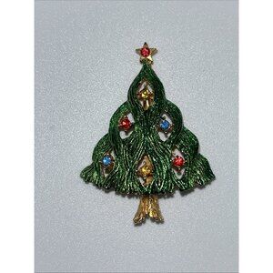 Vintage J.J. Jonette Signed Christmas Tree Brooch Pin Multi Color Rhinestones